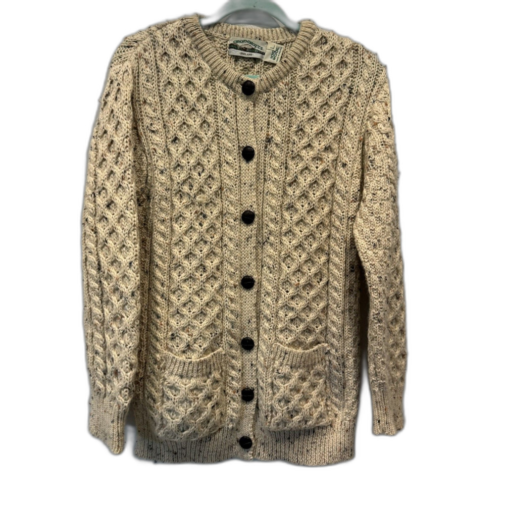Aran Crafts Cardigan Irish Wool Cable Knit Oatmeal Speckled Button Front Women L